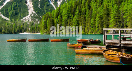 Fila di barche a remi sul Lago di Braies, Dolomiti di Braies, Alto Adige, Italia Foto Stock