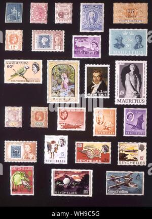 AFRICA - Mauritius e Seychelles: (da sinistra a destra) 1. Maurizio, undenominated, 1858, 2. Maurizio, 4 centesimi, 1885, 3. Maurizio, 3 centesimi, 1895, 4. Maurizio, 15 centesimi, 1899, 5. Maurizio, 15 centesimi, 1899, 6. Maurizio, 12 centesimi, 1938, 7. Maurizio, 1 rupee, 1948, 8. Maurizio, 35 centesimi, 1954, 9. Maurizio, 20 centesimi, 1961, 10. Maurizio, 60 centesimi, 1967, 11. Maurizio, 15 centesimi, 1968, 12. Maurizio, 2,50 rupie, 1969, 13. Maurizio, 15 centesimi, 1970, 14. Seychelles, 3 centesimi, 1893, 15. Seychelles, 2 centesimi, 1917, 16. Seychelles, 5 rupie, 1938, 17. Seychelles, 3 centesimi, 1952, 18. Seychelles, 5 centesimi, Foto Stock