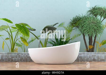 Moderno bagno con vasca con piante tropicali, rendering 3D Foto Stock