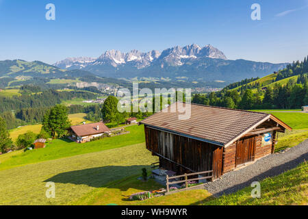 Vista del Wilder Kaiser dalla posizione elevata vicino a Kitzbuhel, Kitsbuhel, Alpi austriache, Tirolo, Austria, Europa Foto Stock