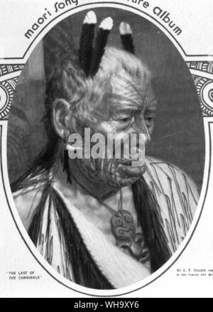 Gli ultimi cannibali, un dipinto ad olio (c.1913) dal grande Nuova Zelanda artista C.P. Goldie di un tatuato Maori chief indossando piume di hula. Raccolta della Aigantighe Galleria d'arte. Timaru, Nuova Zelanda Foto Stock