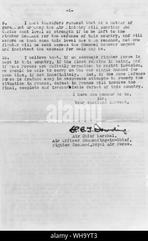 WW2: Lettera dall'AIR CHIEF MARSHAL del RAF. Foto Stock