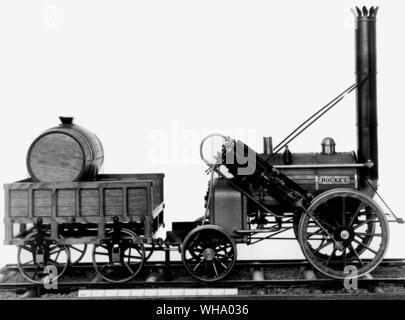 Modello di Stephenson's Rocket, 1829. Vista laterale del motore e dei bandi di gara. Foto Stock