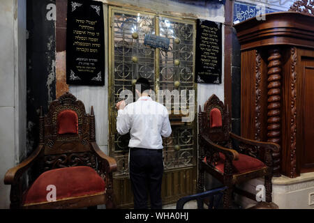 Un Ebreo religioso pregare presso il lato Israeliano del cenotafio di Sarah Biblica all'interno della grotta dei patriarchi o Tomba dei patriarchi, noto per gli ebrei come la caverna di Macpela e ai musulmani come al-Haram al-Ibrahimi o il Santuario di Abramo, situato nel cuore della città vecchia di Hebron nel sud della Cisgiordania. Israele Foto Stock