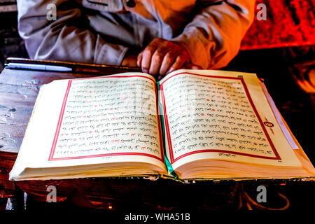 Musulmani macedone la lettura del Corano, Pasha moschea, la moschea dipinta di Tetovo, Repubblica di Macedonia, Europa Foto Stock