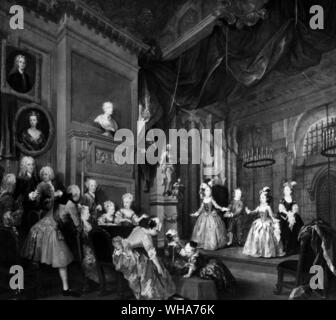 Conquista del Messico. Hogarth. Una scena da "La conquista del Messico" (1732-35). "Questo incantevole scenario di spettacoli teatrali amatoriali registra una performance di Dryden l'imperatore indiano presso la casa di John Conduitt, maestro di zecca, a St George Street, Hanover Square. Nella messa in funzione della scena, Conduitt ha scelto non solo per la registrazione di un momento importante nella vita della sua unica figlia Catherine, qui mostrato in nero alla destra del palco, ma anche per commemorare il particolarmente scintillante occasione sociale che avevano accompagnato i figli delle prestazioni. Mentre il sistema host e hostess compaiono solo come Foto Stock