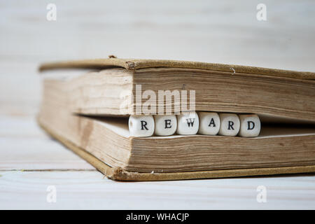 Premio Parola scritta in blocchi di legno in un libro Foto Stock