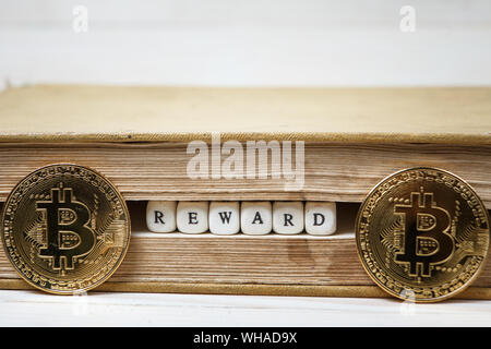 Premio Parola scritta in blocchi di legno nel libro e bitcoin Foto Stock