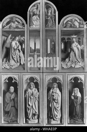 Jan Van Eyck. La Pala di Gand che mostra il donatore (& moglie) San Giovanni Evangelista l'angelo dell'Annunciazione, la Vergine Annunciata e un altro santo. 1432 Foto Stock