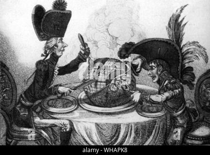 Il Plumb-pudding in pericolo; - o - Membro buongustai tenendo onu Petit Souper.. Pubblicato da Hannah Humphrey: 26 febbraio 1805. Attacco con incisione. Uno di Gillray più famose stampe, questa mostra Pitt, lunga e lanky come in tutte le sue caricature di fronte a un diminutivo Napoleone attraverso un tavolo per la cena. Pitt, armati con un tridente e un coltello di carving, aiuta a se stesso di una larga fetta dell'oceano, come si addice la sua padronanza dei mari, mentre Napoleone intaglia una fetta contenente tutta l'Europa eccetto la Gran Bretagna, Svezia e Russia. La seconda riga del titolo include una citazione da Shakespeare la tempesta, Foto Stock