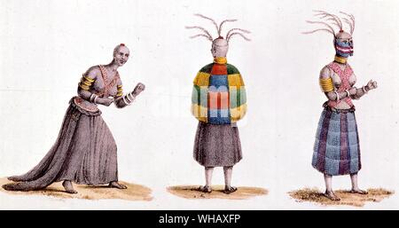 Abito da ballo del Re della donna e donna Zulu di rango. Il regno degli Zulu ha svolto un ruolo importante nella storia sudafricana durante il XIX secolo. L'avventura africana - una storia dell'Africa esploratori da Timothy Severin, pagina 150. Inoltre, la narrazione di un viaggio nel paese Zoolu da un F Gardiner, pagina 46. Foto Stock