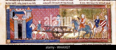 Lancelot in un carro trainato da un nano 1300-25. Il Nilo Blu da Alan Moorhead, pagina 305. Manoscritto di 805.. Nella leggenda arturiana, Sir Lancelot è uno dei Cavalieri della Tavola Rotonda. Nella maggior parte della prosa francese romanzi e opere dipendenti da loro egli è caratterizzato come il più grande e più affidabile di Arthur's cavalieri e svolge un ruolo importante in molti di Arthur's vittorie. Arthur's eventuale rovina è però anche portato in parte dal Lancelot, la cui vicenda con Arthur's moglie Guinevere distrugge l unità di Arthur's court. Foto Stock