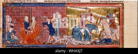 Lancelot uccidendo i protettori di false Guinevere 1300-25. Manoscritto di 805.. Nella leggenda arturiana, Sir Lancelot è uno dei Cavalieri della Tavola Rotonda. Nella maggior parte della prosa francese romanzi e opere dipendenti da loro egli è caratterizzato come il più grande e più affidabile di Arthur's cavalieri e svolge un ruolo importante in molti di Arthur's vittorie. Arthur's eventuale rovina è però anche portato in parte dal Lancelot, la cui vicenda con Arthur's moglie Guinevere distrugge l unità di Arthur's court. Foto Stock