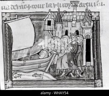 La cameriera di Astolat. Arthur e i suoi cavalieri scoprire il corpo morto di Elaine di Astalot in una chiatta. Elaine di Astalot morì di dolore quando Lancelot non è riuscita a restituire il suo amore. Conosciuta anche come la signora di Shalott e di cui a variamente come Elaine il bianco e Elaine la fiera, è la figlia di Bernardo di Astolat.. . . Foto Stock