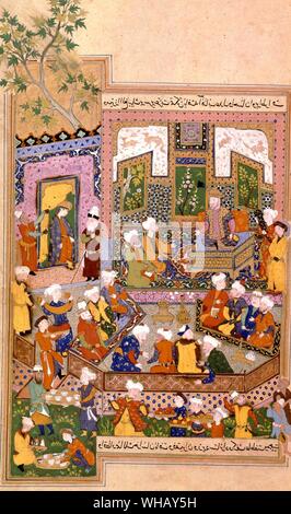 Ulugh Beg (1394-1449) erogazione di giustizia a Khurasan. Miniatura di un quindicesimo secolo Shah nama 1486. Da Samarcanda da Wilfrid Blunt, pagina 173. Foto Stock