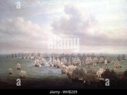 Battaglia di Trafalgar. La rottura della linea, dipinta da Nicholas Pocock nel 1807. il francese e lo spagnolo le flotte sono posizionati in primo piano.. Foto Stock