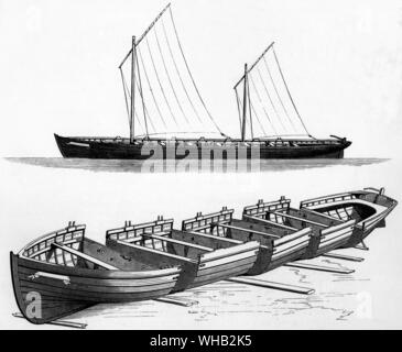 Il sig. H. M. Stanley della barca. Stanley schizzo della barca di sezione Lady Alice. Sir Henry Morton Stanley, noto anche come Bula Matari (interruttore di rocce) nella Repubblica democratica del Congo, nato John Rowlands (28 gennaio 1841 - 10 Maggio 1904), era un palazzo del XIX secolo il gallese-nato giornalista ed esploratore famoso per la sua esplorazione dell Africa e la sua ricerca di David Livingstone di cui egli ha affermato, Dr.Livingstone suppongo su trovare lui.. Foto Stock