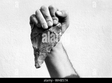 Materiale acheuleano mano flint ax - Materiale acheuleano è il nome dato ad un settore archeologico di pietra la fabbricazione di utensili associati a hominins preistoriche durante il Paleolitico inferiore era in tutta l Africa e gran parte dell'Asia e l'Europa.. È stata la tecnologia dominante per la maggior parte della storia umana e più di un milione di anni fa era lo strumento Materiale acheuleano gli utenti che hanno lasciato l'Africa al primo colonizzare con successo l'Eurasia. Il loro carattere distintivo ovale e a forma di pera handaxs sono stati trovati su una vasta area e alcuni esempi ha raggiunto un elevato livello di sofisticazione che suggeriscono che le radici di arte umana, Foto Stock