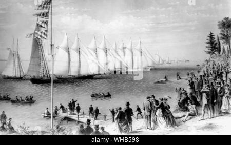 New York Yacht Club regata, 1869. Start dal gioco in barca il Narrows off Staten Island.. Litografo, Currier & Ives. Artisti: Parsons & Atwater Foto Stock