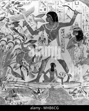 Fowling nelle paludi di papiro. Scena dalla tomba di Nebamun, scriba del XVIII dinastia.. Foto Stock