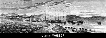 Stanley nelle isole Falkland - dalla relazione dei risultati scientifici del viaggio di esplorazione di HMS Challenger durante gli anni 1823-1876. Stanley (precedentemente noto come Port Stanley) è la capitale e unica vera città in Isole Falkland. Si trova sull'isola di East Falkland, su un nord versante affacciato a sud del porto di Stanley, in una delle parti più piovosi delle isole. La sua popolazione è di circa 2 mila persone (2007). Foto Stock