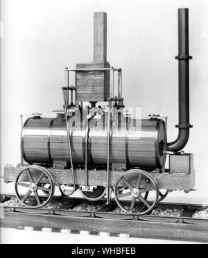 Modello di locomotiva Blenkinsons 1812 (lato destro) - John Blenkinsop (1783-1831) era un inglese un ingegnere minerario e un inventore nella zona delle locomotive a vapore, che ha progettato il primo pratico locomotore ferroviario.. Foto Stock