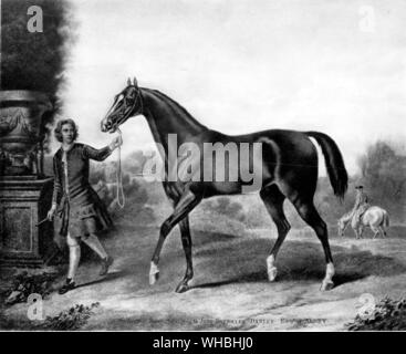 Il Darley Arabian. Questo cavallo era foaled nel 1700. aveva circa 20 anni più giovane di Byerley. Egli è stato comprato da Thomas Darley di Aleppo nel 1704, che lo ha inviato a suo fratello Richard a Aldby, Yorkshire. Egli si è levato in piedi là fino al 1730, ultimamente di proprietà di John Brewster Darley. Uno dei suoi figli era Bulle Rock, il primo purosangue per andare in America. Altri sono stati i due Childers, uno dei primi grandi purosangue ai cavalli da corsa e l'altra il progenitore, da Eclipse, oggi dalla maggior parte delle purosangue (vedere pagg. 78-80). Thoroughbred ai cavalli da corsa sono discesi da stalloni arabi.. La storia del cavallo Foto Stock