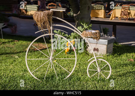 Decorativo modello Vintage vecchia bicicletta dotata cestello giardino di fiori Foto Stock