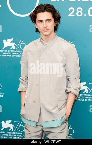 Venedig, Italia. 02Sep, 2019. Timothee Chalamet frequentando 'Il Re' photocall durante il 76° Festival del Cinema di Venezia al Palazzo del Casinò su Settembre 02, 2019 a Venezia, Italia. Credito: Geisler-Fotopress GmbH/Alamy Live News Foto Stock