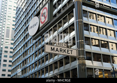 Segni di strada presso l'angolo di Market Street e Front Street nel centro cittadino di San Francisco, California, con elevato innalzamento edifici aziendali in background. Foto Stock