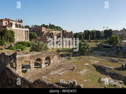 Foro di Nerva (in primo piano), il tempio di Faustina e Antonino Pio (sinistra), la Domus Tiberiana. Roma, Italia Foto Stock