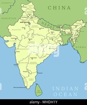 Mappa di India. Profilo illustrazione mappa del paese con i nomi degli stati e i loro capitali. Illustrazione Vettoriale