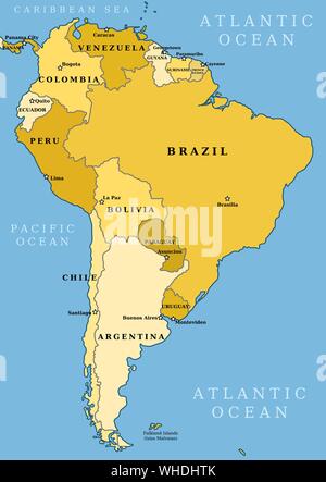 Mappa di Sud America. Divisione politica - paesi e capitali ciites. I paesi sono oggetti distinti, è possibile modificare il colore di ogni paese. Illustrazione Vettoriale