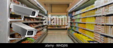 Sistema di sicurezza con telecamere. Surveillance Cam al supermercato blur sullo sfondo, banner, copia dello spazio. 3d illustrazione Foto Stock