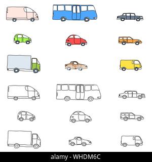 Doodle cartoon icon set - raccolta del veicolo con autovetture, furgoni, autocarri e autobus Illustrazione Vettoriale