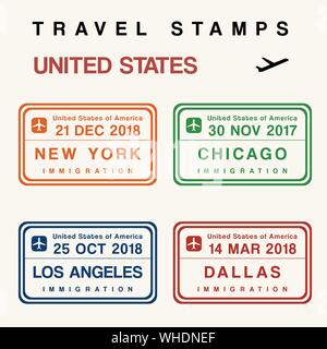 Vettore di viaggio - Passaporto Francobolli set (francobolli fittizia). Stati Uniti d'America destinazioni: New York, Chicago, Los Angeles e Dallas. Illustrazione Vettoriale