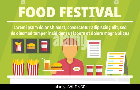 Food festival il concetto di menu banner. Illustrazione piana del food festival menu concetto vettoriale banner per il web design Illustrazione Vettoriale