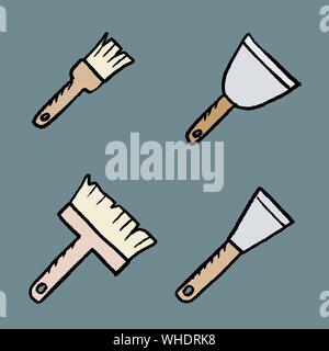 Casa gli strumenti di pittura - rinnovamento oggetti. Pennelli per dipingere e coltelli per mastice. Stile Cartoon vettore. Illustrazione Vettoriale