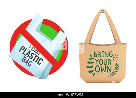 Sacchetto di plastica vietata, attraversato fuori borsa icona, assenza di plastica e biancheria di colore marrone borsa eco con segno di portare il proprio, cura sull ambiente illustrazione vettoriale Illustrazione Vettoriale