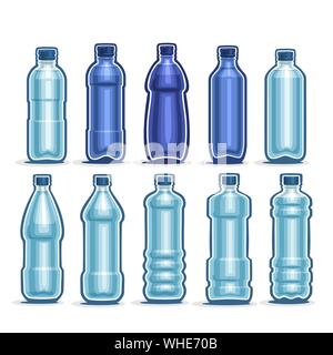 Set di vettore di blu di bottiglie di plastica con tappo per bottiglie di acqua minerale, raccolta di 10 pieno blu scuro litro di contenitori con coperchio per acqua potabile o frizzanti d Illustrazione Vettoriale