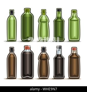 Set di vettore di bottiglie di vetro con tappo in metallo per bere alcool, raccolta di plastica 10 verde, marrone contenitori con coperchio per la cottura olio balsamico o vi Illustrazione Vettoriale