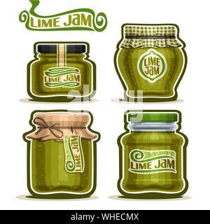 Set di vettore di marmellata di lime in vasi con coperchio carta coperchio isolato su bianco. Illustrazione Vettoriale