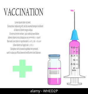 Tempo di vaccinare. Concetto piatto di una siringa con un vaccino. Una bottiglia di medicinale. Isolato. Vettore Illustrazione Vettoriale