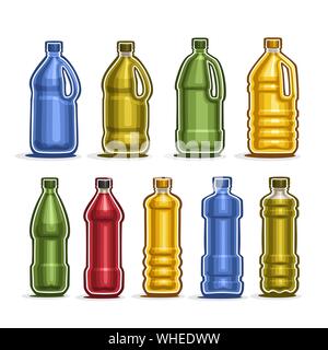 Set di vettore colorati di grandi bottiglie di plastica con tappo per acqua, 9 full colorato di giallo e verde gallone di contenitori con maniglia per l'olio da cucina o chemic Illustrazione Vettoriale