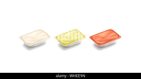 Set mockup bianco beige, giallo e rosso scatola burro, isolato Foto Stock