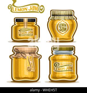 Set di vettore di limone Marmellata in vasetti di vetro con coperchio carta, giallo Pot rustica fatta in casa marmellate di limone, spago corda bow, in casa di confettura di frutta jar, cedro jelly pot Illustrazione Vettoriale