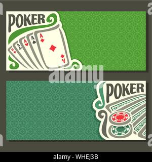 Banner di vettore per il Poker, giocando a carte per il gioco d'azzardo gioco sul tavolo verde nel casinò. Illustrazione Vettoriale