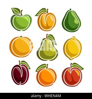 Vector set di icone di frutti, isolato su sfondo bianco. Illustrazione Vettoriale