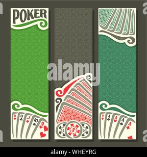 Vettore banner verticale per il Poker, giocando a carte per il gioco d'azzardo gioco sul tavolo verde nel casinò. Illustrazione Vettoriale