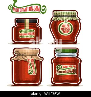 Set di vettore di marmellata di anguria in vasi con coperchio carta coperchio, isolato su bianco Illustrazione Vettoriale